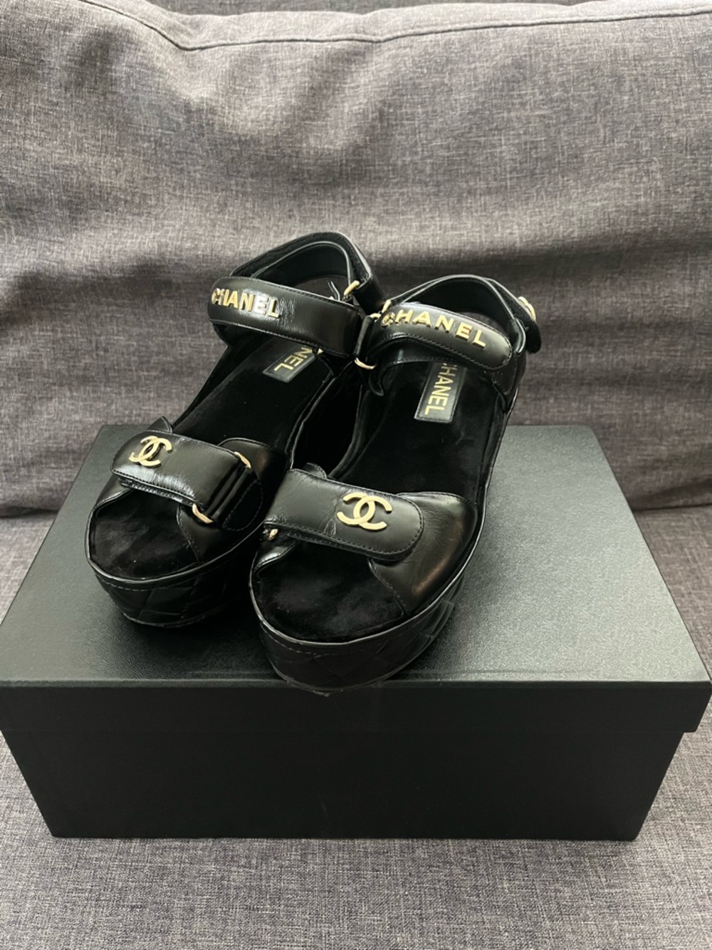 CHANEL Black Quilted Platform Sandals with Gold CC and Logo Straps - Picture 6 of 6
